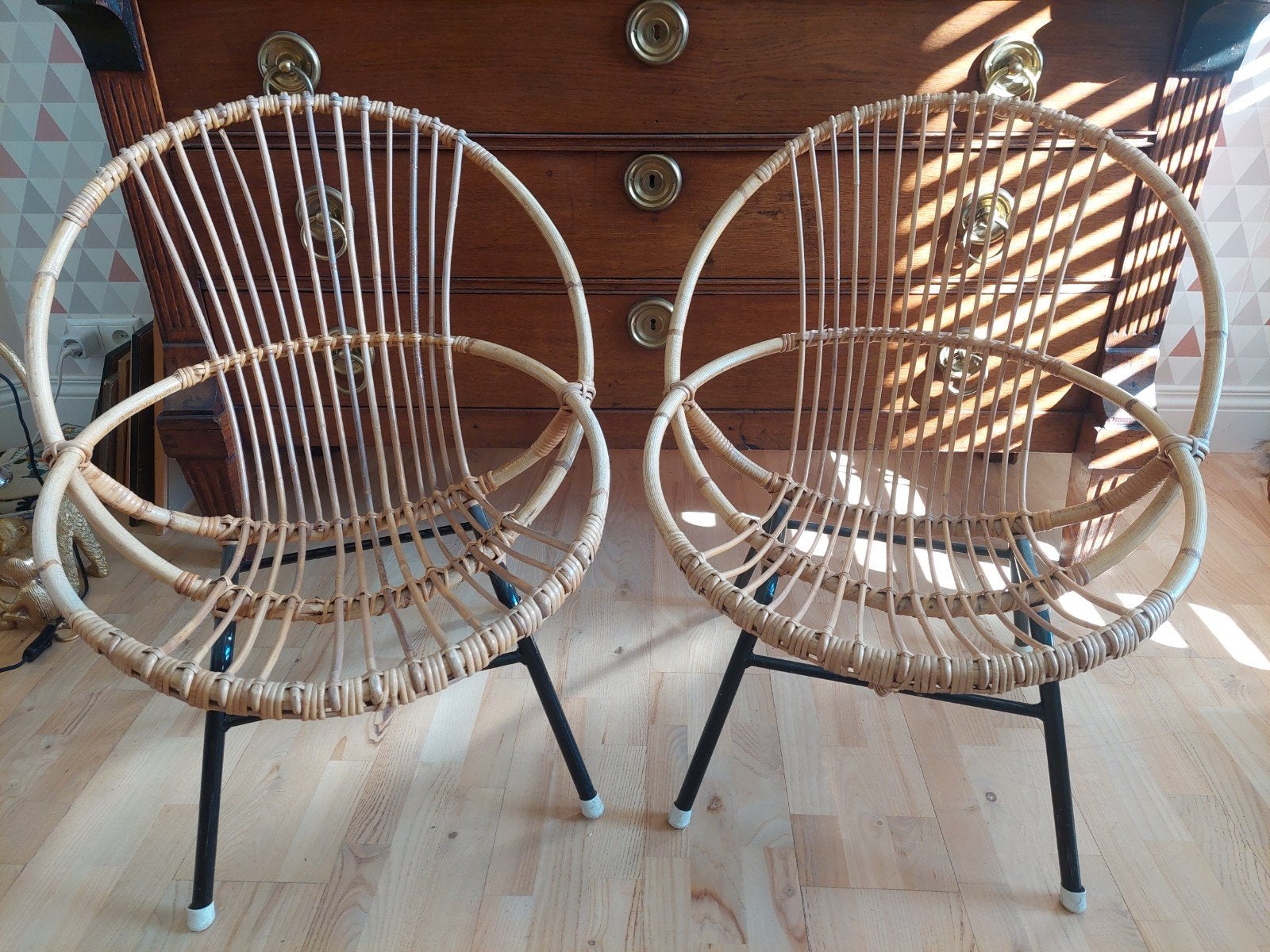 Prachtige set van 2 vintage Rohé Noordwolde rotan jaren 60, Huis en Inrichting, Ophalen of Verzenden, Gebruikt, Zwart, Twee