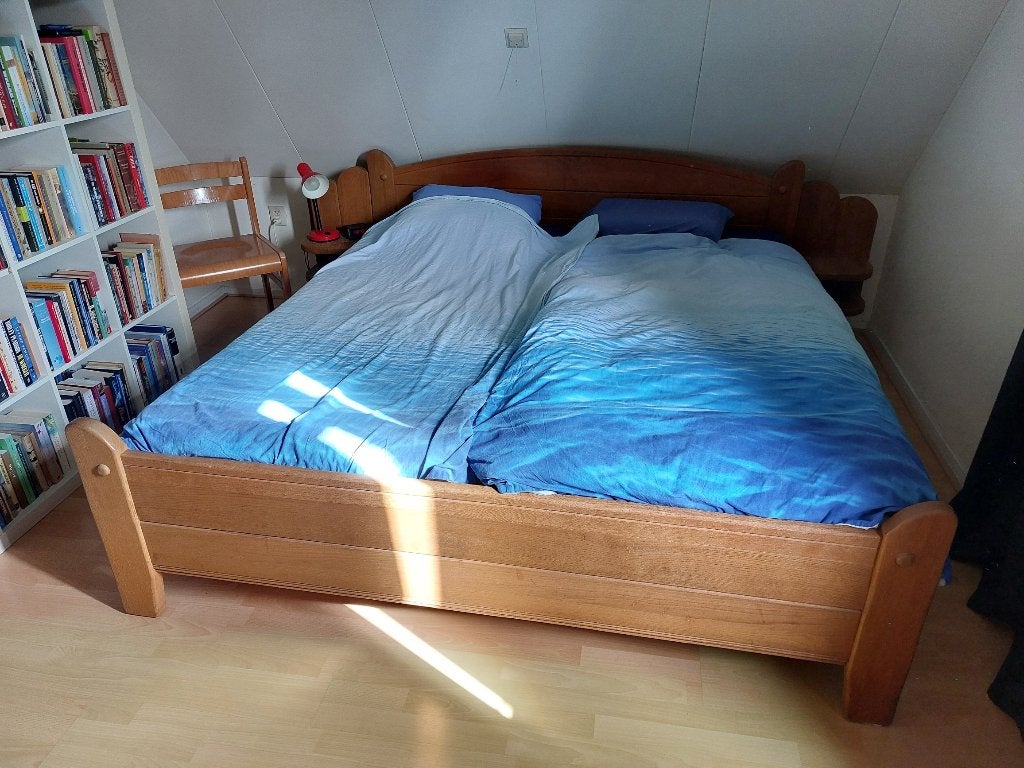 Massief eikenhout bed, Ophalen, Gebruikt, Bruin, 210 cm