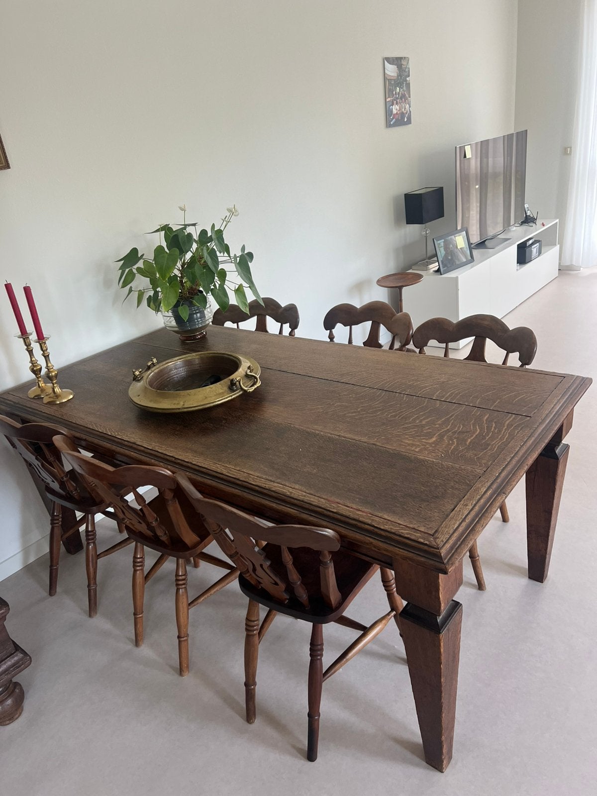 Eettafel met 6 stoelen. Antiek, Ophalen, Zo goed als nieuw, Rechthoekig, 50 tot 100 cm