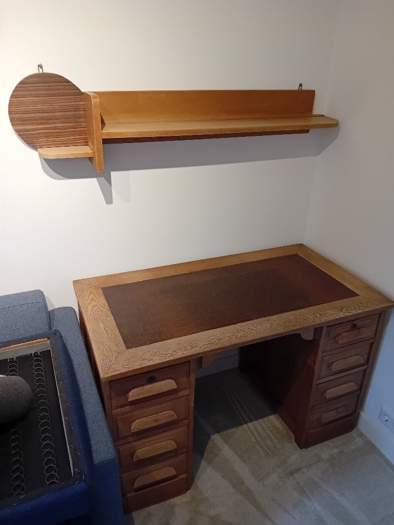Eiken gefineerd bureau met wandplank, Ophalen, Overige typen, 120 cm, Hout