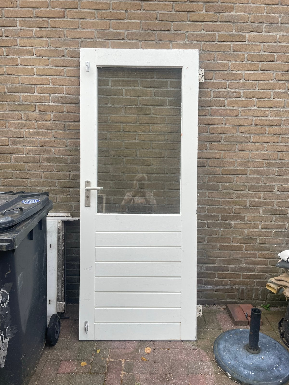 Hardhouten buitendeur met dubbelglas (202x81,5 cm), Ophalen, Gebruikt, 80 tot 100 cm, Buitendeur