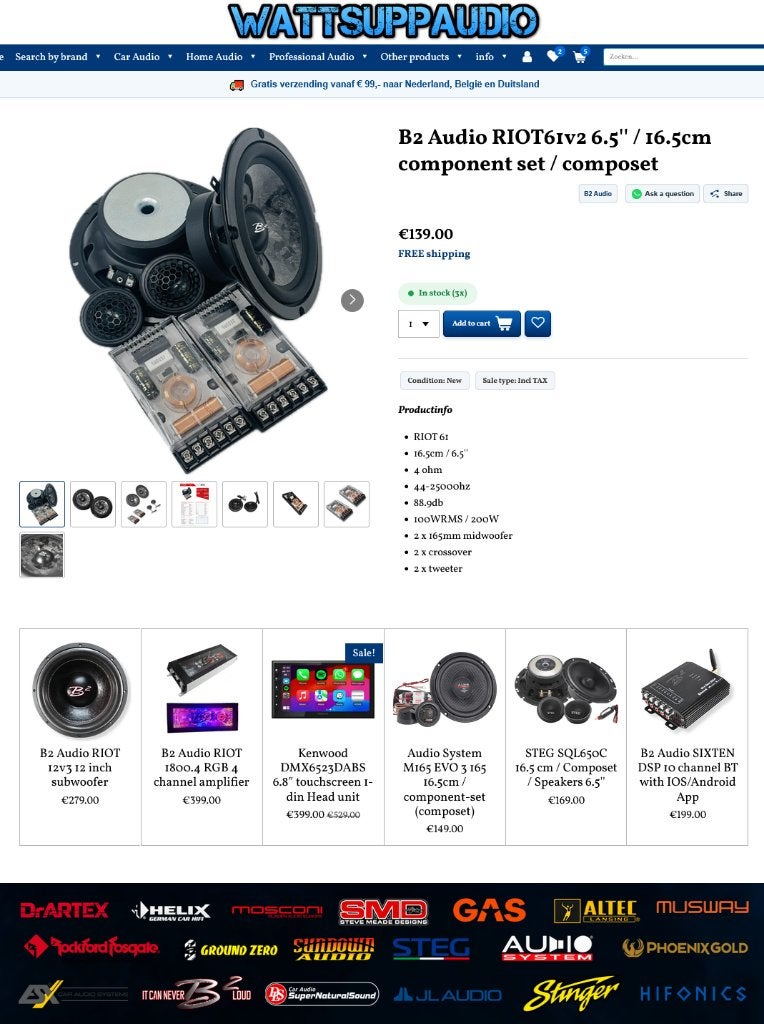 B2 Audio RIOT61v2 6.5'' / 16.5cm Speakers / composet, B2, ., Nieuw, Ophalen of Verzenden