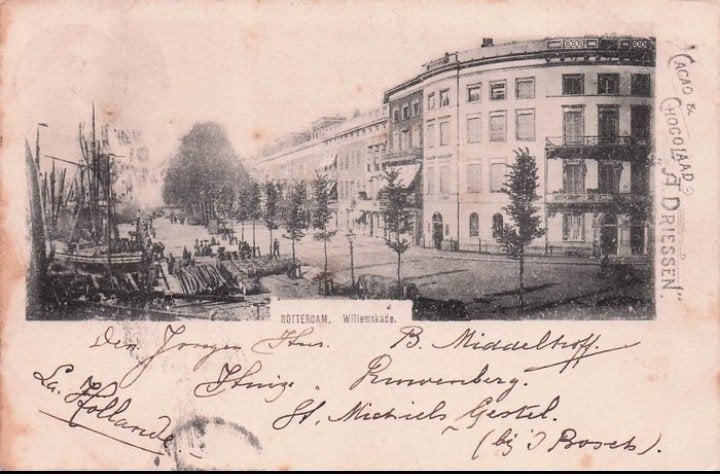 Rotterdam Willemskade reclamekaart Driessen chocolade 1901, Verzenden, Voor 1920, Gelopen, Zuid-Holland