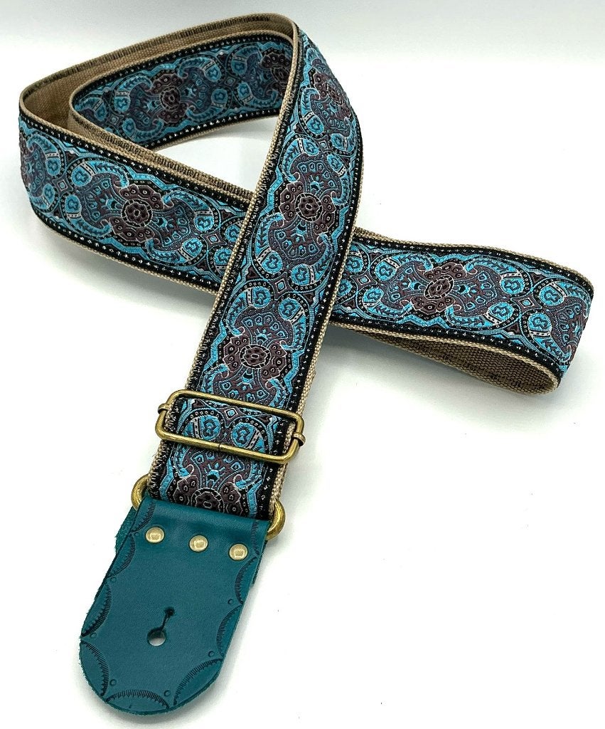 Gitaarband leer Stof017 blauw beige barok bohemian 173cm, Verzenden, Nieuw, Akoestische gitaar