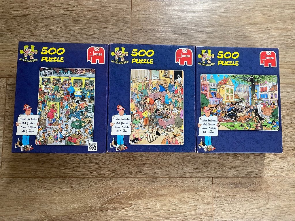 2 puzzels Jan van Haasteren, incl. poster. Links is verkocht, Verzenden, 500 t/m 1500 stukjes, Zo goed als nieuw