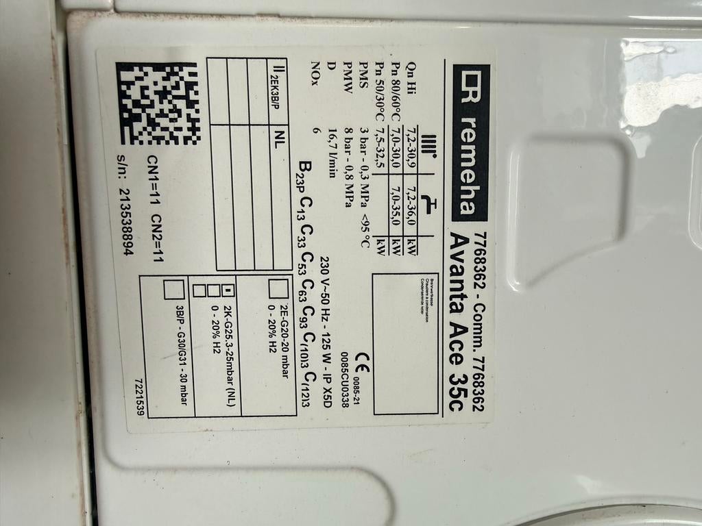 Remeha Avanta Ace 35c CV-ketel - 5 jaar oud, 4 jaar gebruikt, Ophalen, 30 tot 80 cm, Gebruikt, Hoog rendement (Hr)