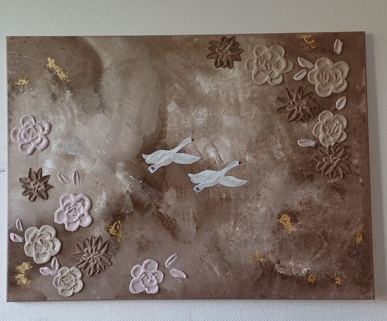 Schilderij abstract en 3d bloemen, Ophalen of Verzenden