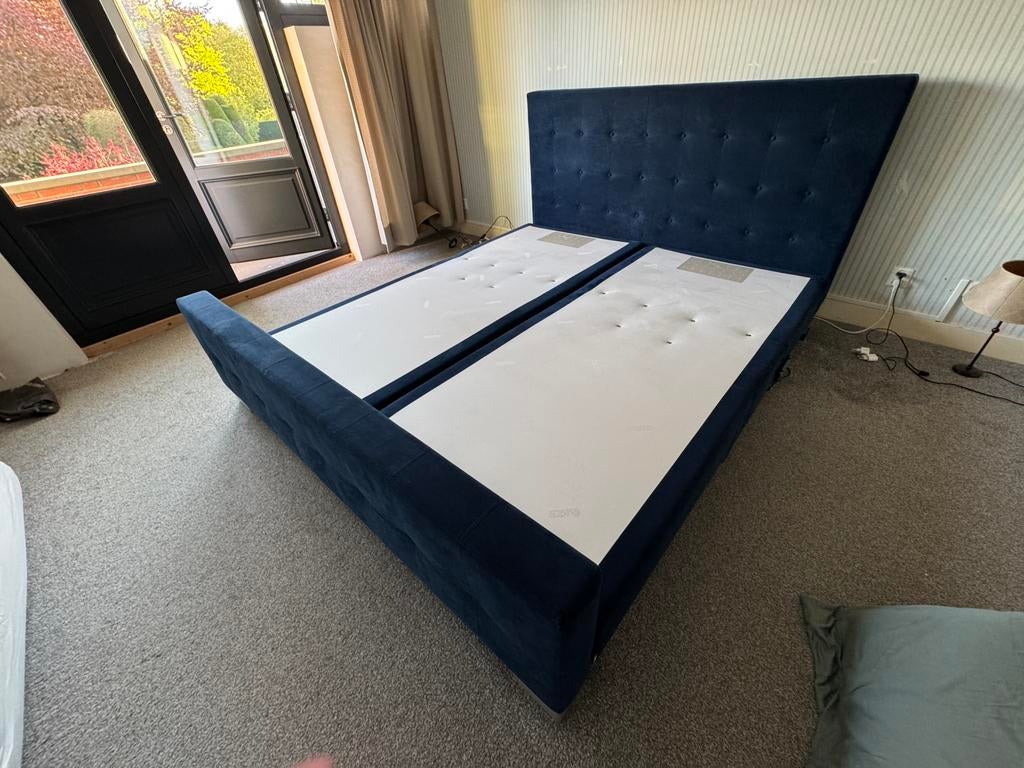 Auping boxspring 200 breed, 220 lang, 2 motoren, Ophalen, Gebruikt, Blauw, Tweepersoons