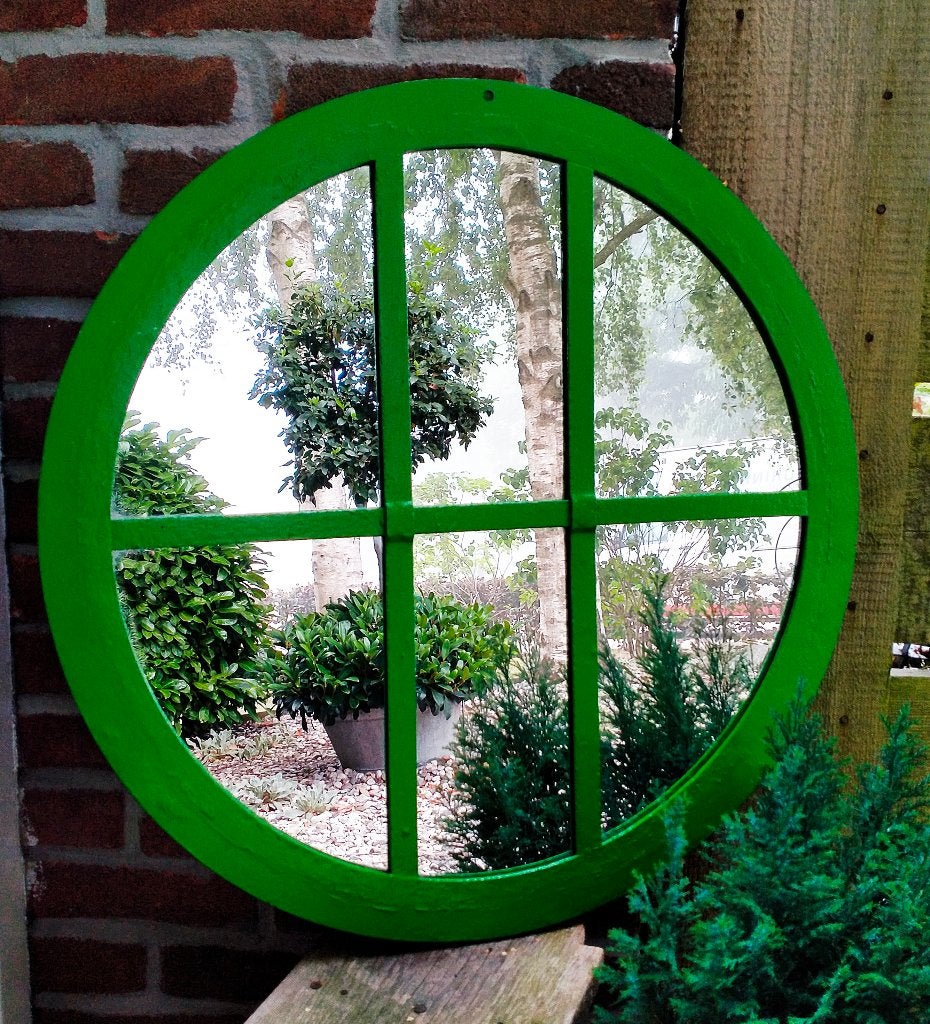 Ronde Groen Metalen Tuin Spiegel / Tuinspiegel - Als Nieuw, Tuin en Terras, Ophalen of Verzenden, Zo goed als nieuw