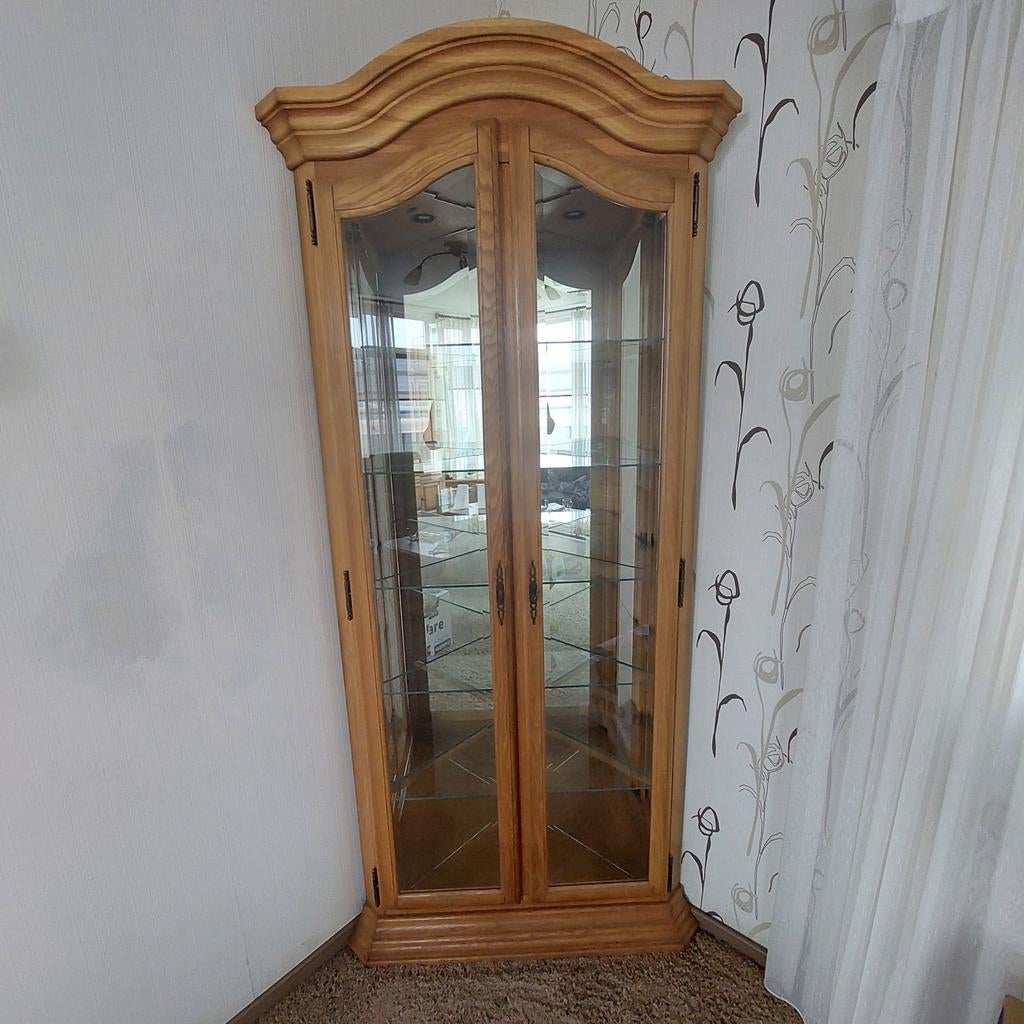 Hoek vitrine kast, Huis en Inrichting, Kasten | Vitrinekasten, Ophalen, Gebruikt, 200 cm of meer, Eikenhout