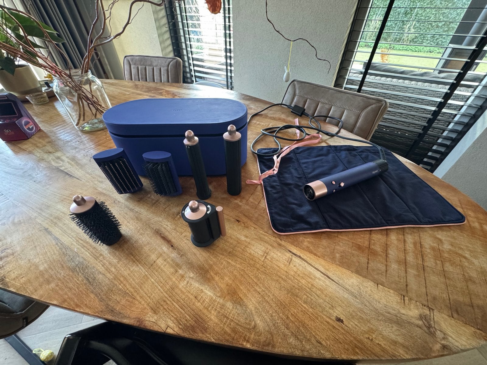 Dyson Airwrap Complete Long in het blauw met accessoires, Ophalen of Verzenden, Zo goed als nieuw, Föhn of Haardroger