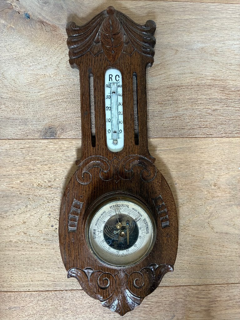 Oude houten barometer met thermometer, Audio, Tv en Foto, Weerstations en Barometers, Ophalen of Verzenden, Gebruikt, Barometer