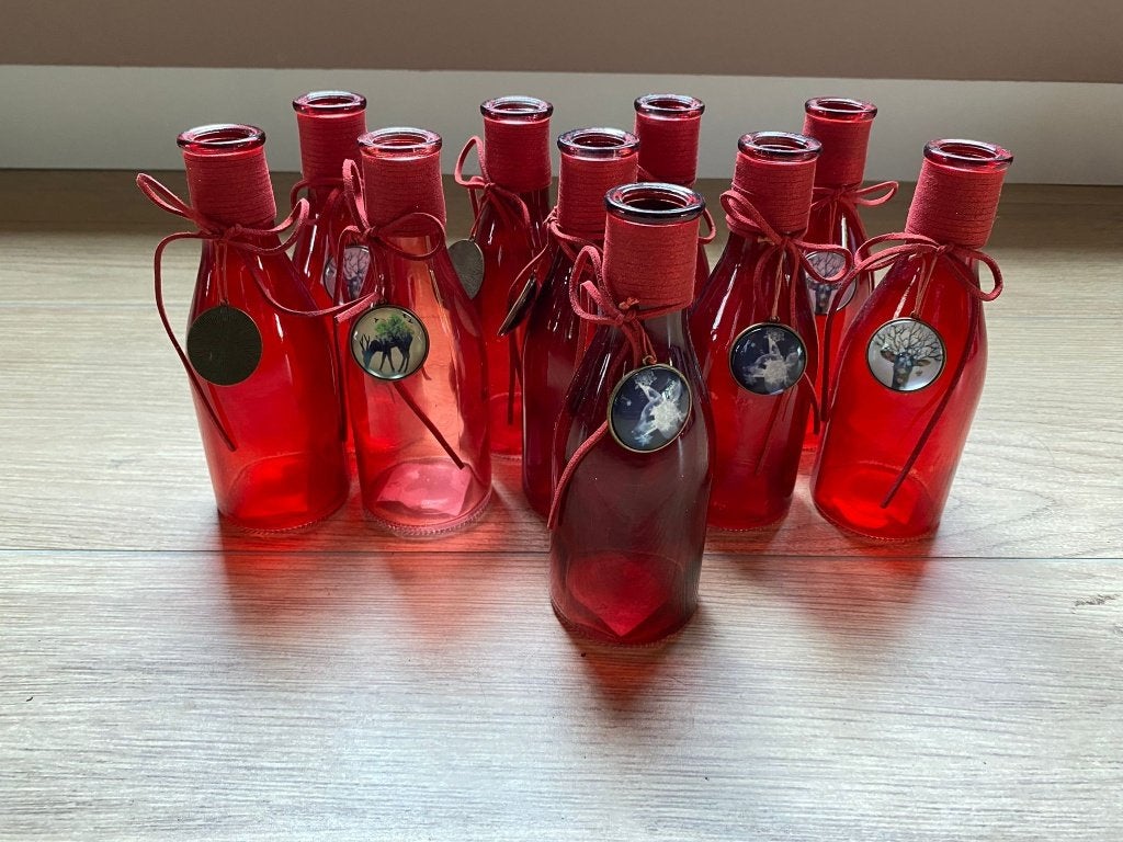 Rode glazen vaasjes (10 stuks) - 21-diner, kerst of bruiloft, Ophalen of Verzenden, Gebruikt, Rood, Glas