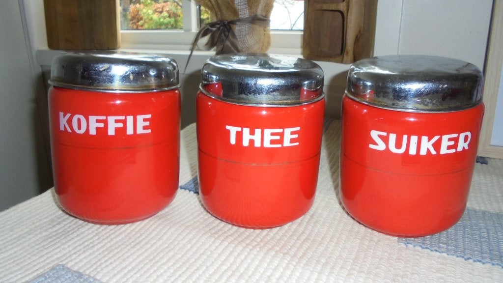 rood emaille koffie thee suikerbussen met bies, Ophalen