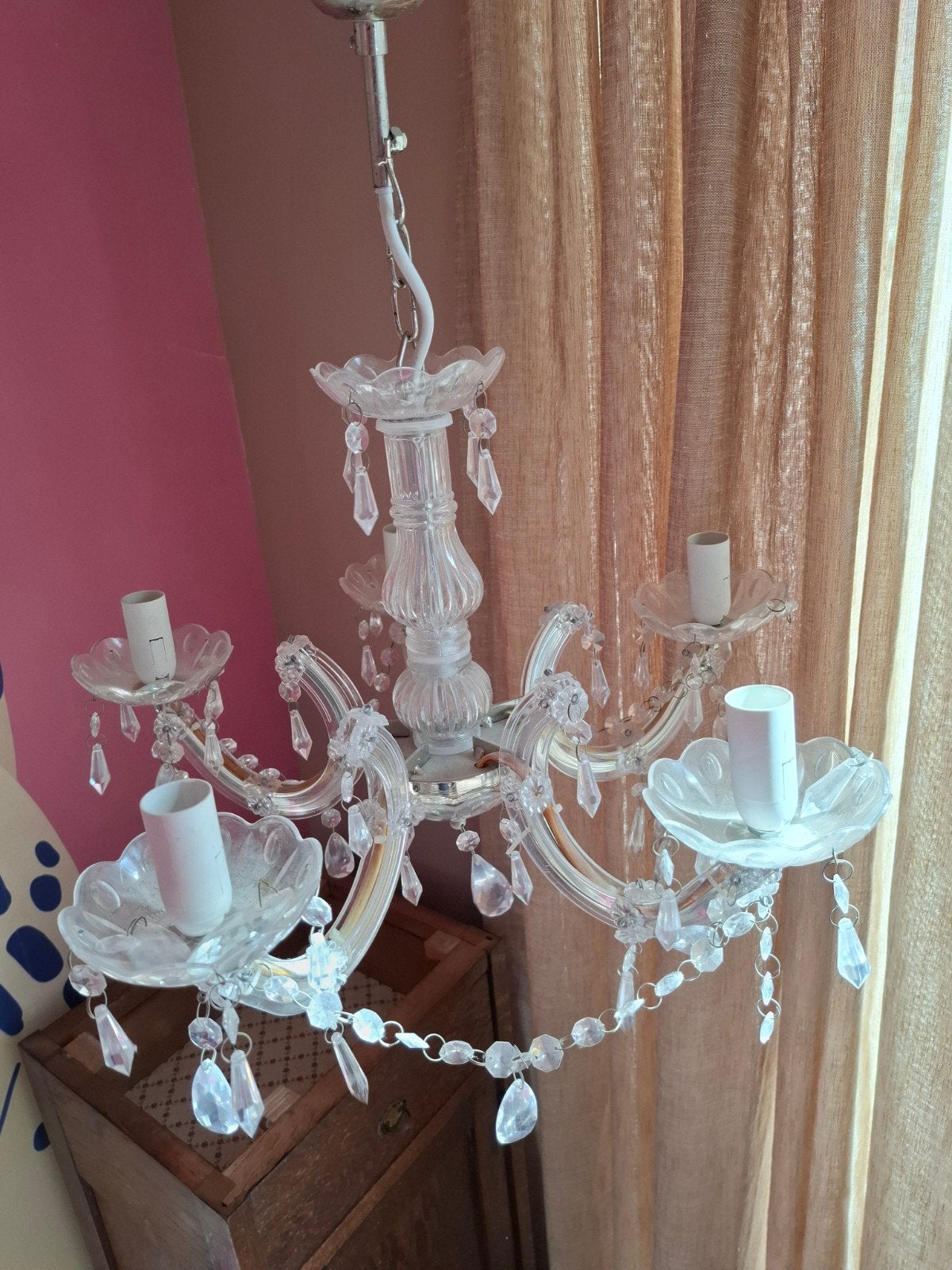 kroonluchter 5 armen hanglamp vintage kitsch, Gebruikt, E14 (klein), Ophalen of Verzenden, Glas