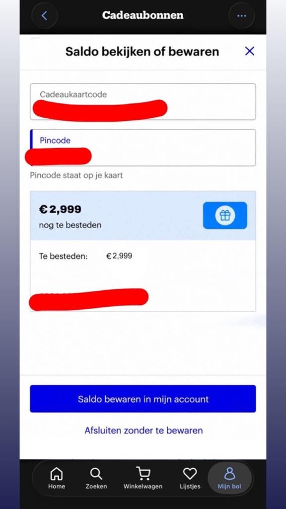 Bol Cadeaukaart €3000,- Saldo, Tickets en Kaartjes, Kortingen en Cadeaubonnen, Eén persoon, Cadeaubon