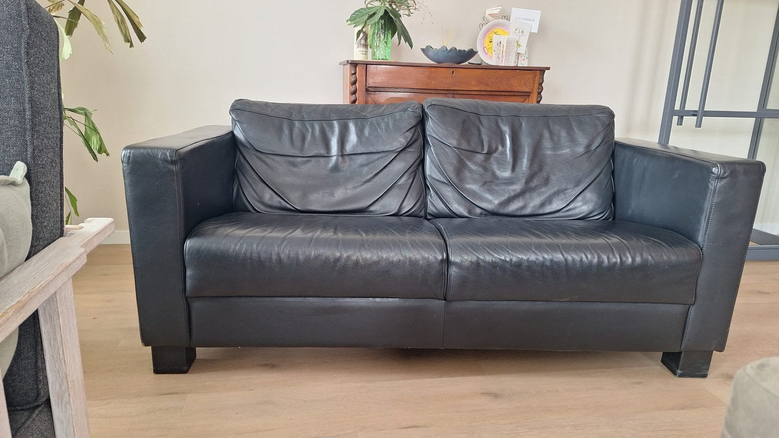Zwarte leren bank, Ophalen, Gebruikt, Overige maten, 150 tot 200 cm