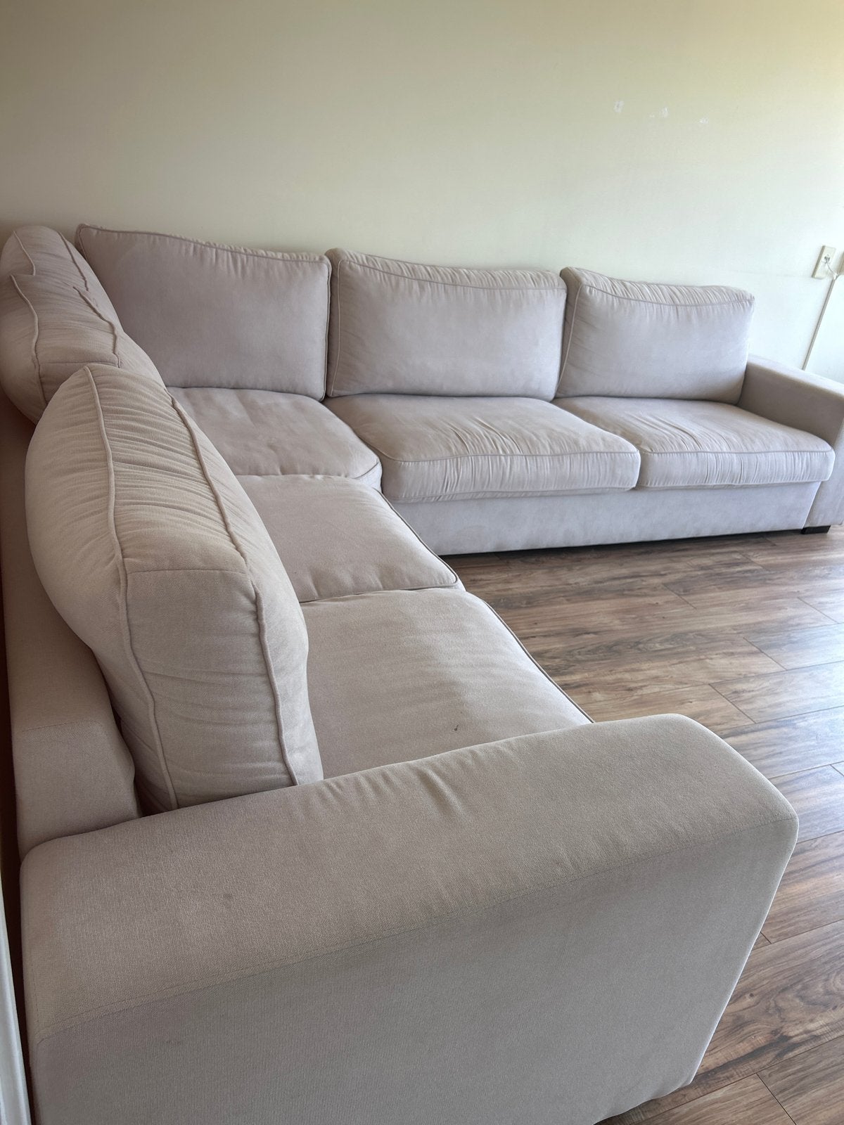 Comfortabele Hoekbank - Lichtgrijs Stof, Huis en Inrichting, Banken | Bankstellen, Ophalen, 250 tot 300 cm, Gebruikt, 100 tot 125 cm