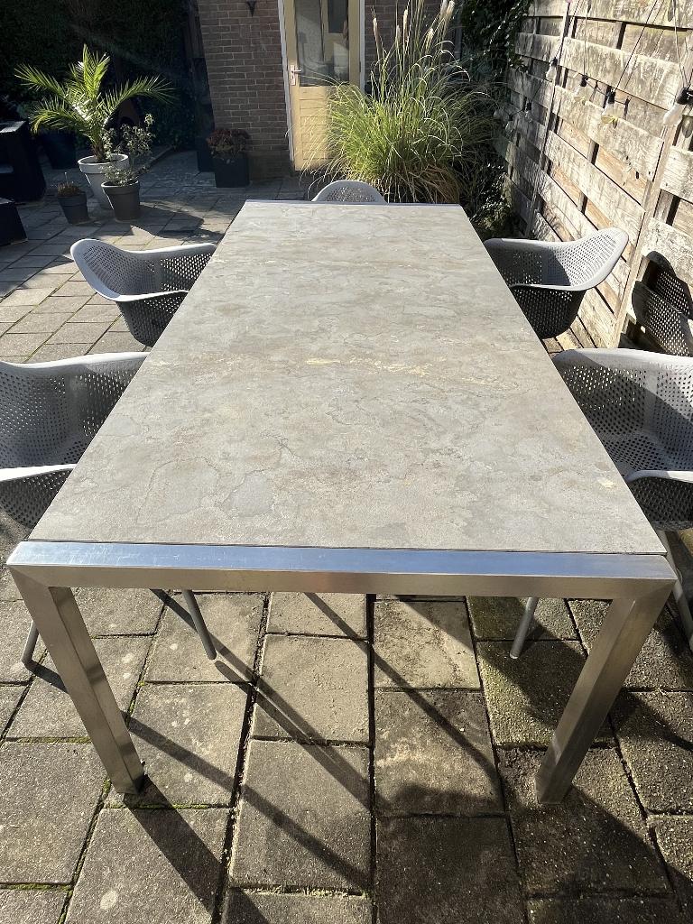 Tuintafel met RVS frame en HARDSTENEN blad., Tuin en Terras, Tuintafels, Ophalen, Gebruikt, Rechthoekig, Rvs