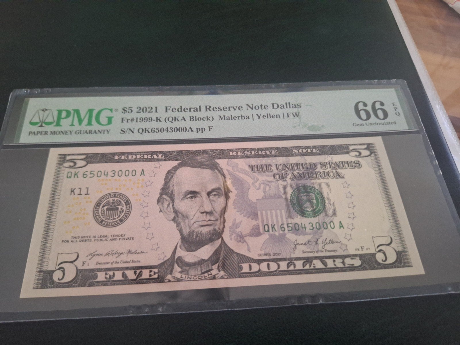 2021 $5 Federal Reserve Note Dallas PMG 66 EPQ, Ophalen of Verzenden