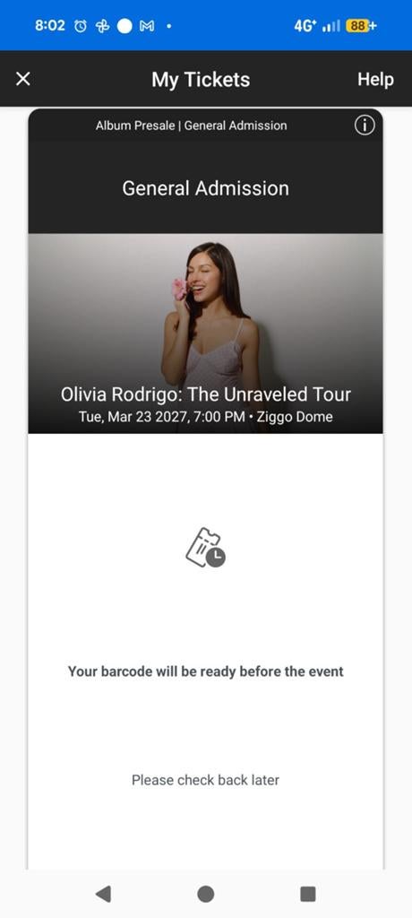 Olivia Rodrigo staplaats general admission 23 maart, Tickets en Kaartjes, Eén persoon, Maart