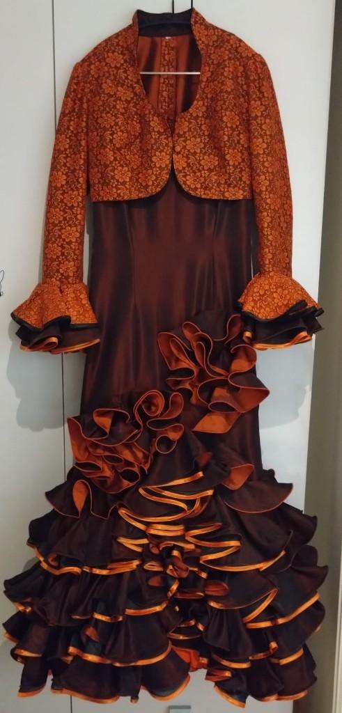 Schitterende Spaanse flamencojurk met bijpassend jasje, Oranje, Ophalen of Verzenden, Zo goed als nieuw, Maat 34 (XS) of kleiner