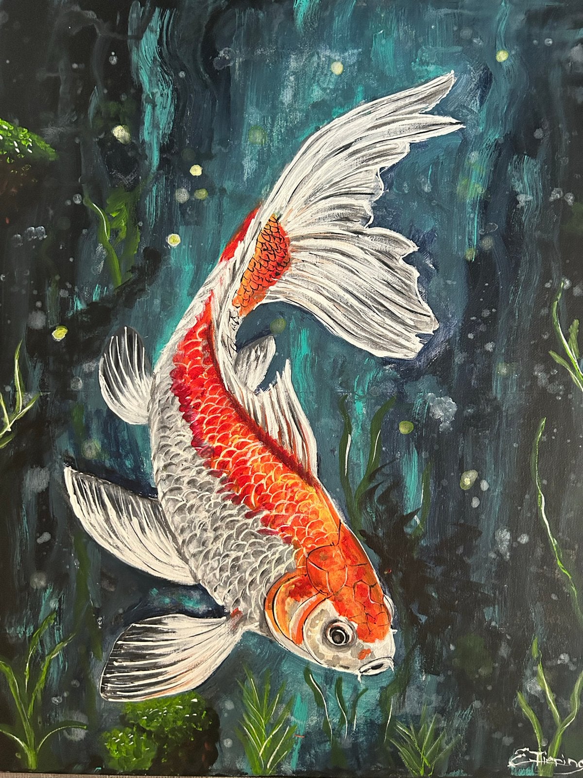 Schilderij van een Koi karper, 40x50 cm, Acrylverf, Doek, Realistisch, Dieren