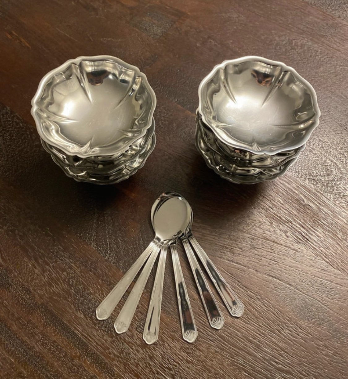 Vintage Guy Degrenne Set: 6 dessertcoupes en 5 lepels, Antiek en Kunst, Ophalen of Verzenden