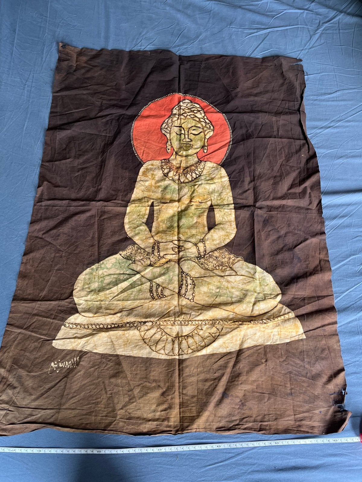 Vintage Boeddha wandkleed - Handgemaakt textiel kunstwerk, Gebruikt, Ophalen of Verzenden, Oosters, Bruin