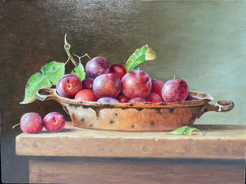 Schilderij pruimen in een pan op paneel. Hans Habraken, Paneel, Realistisch, Stilleven, Ophalen of Verzenden