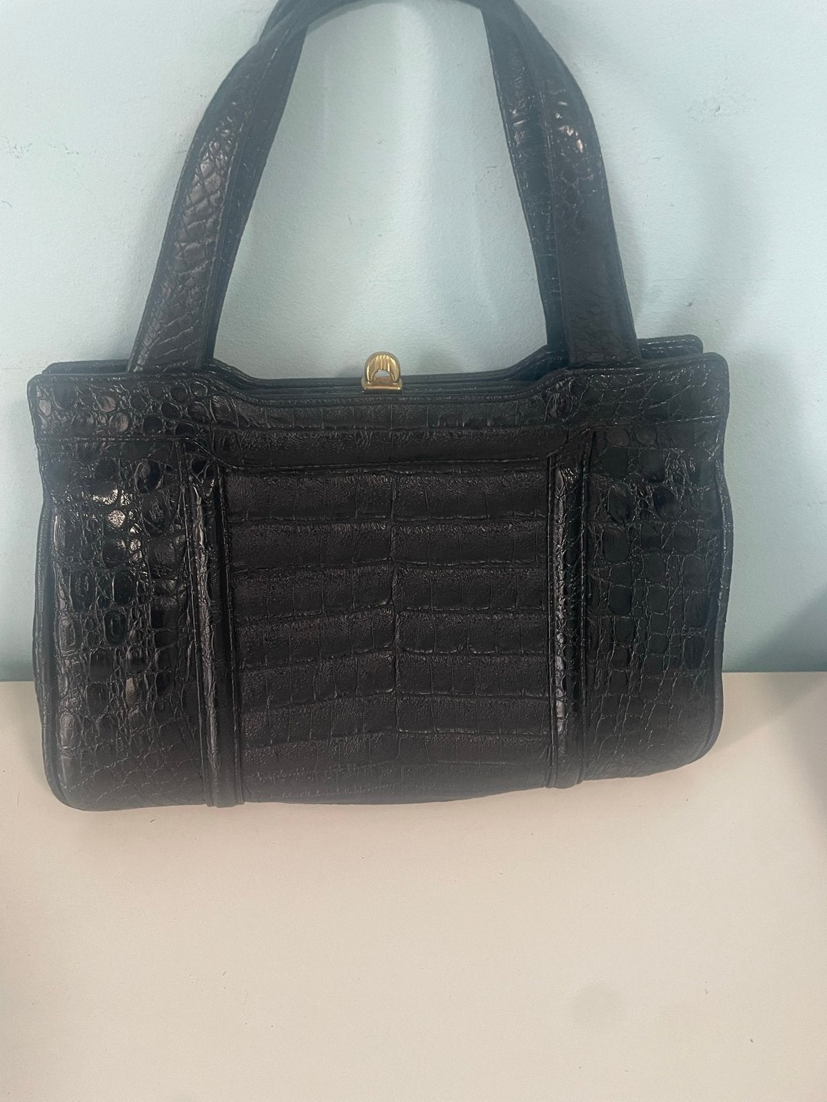 Vintage Zwarte Krokodillenleren Handtas, Ophalen of Verzenden, Gebruikt, Zwart, Handtas