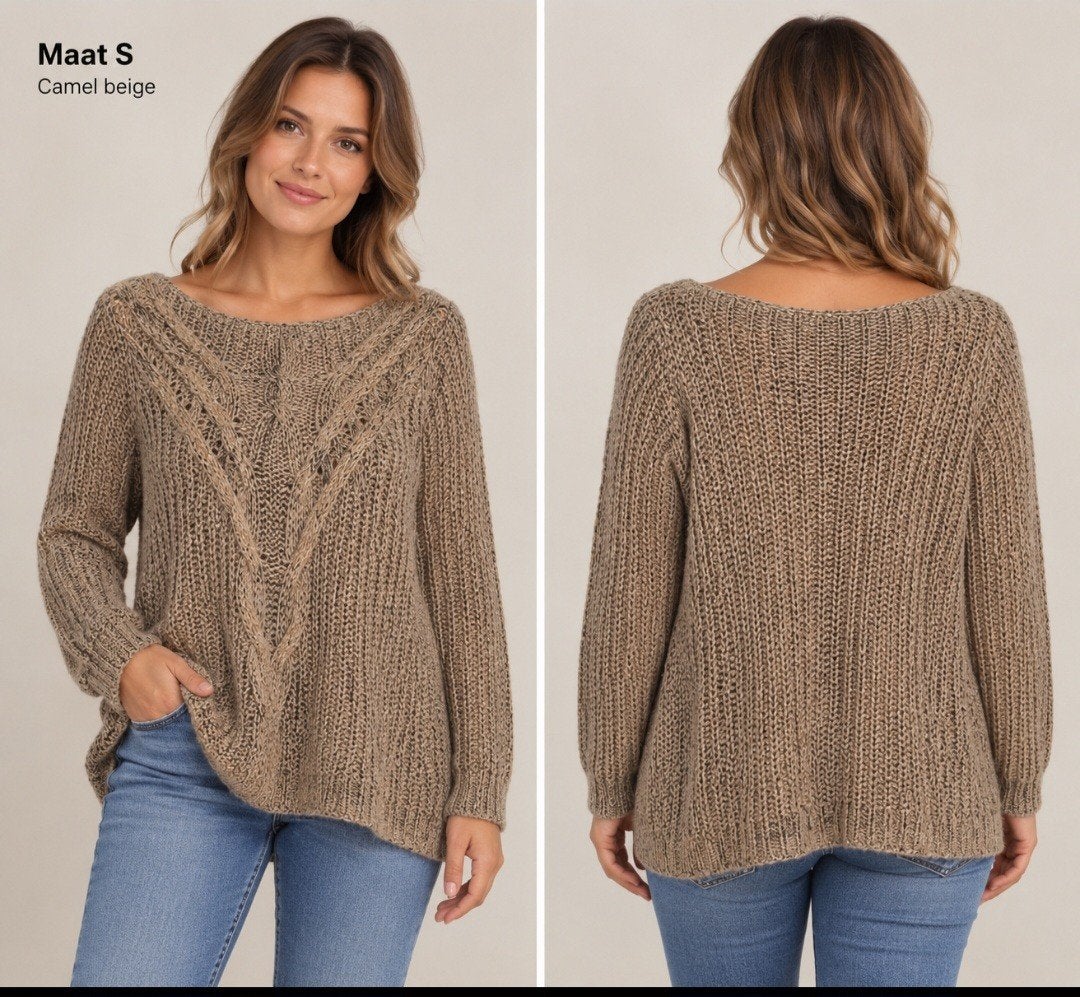Oui grofgebreide kabeltrui – camel/beige, maat 36, Kleding | Dames, Beige, Ophalen of Verzenden, Zo goed als nieuw, Maat 36 (S)