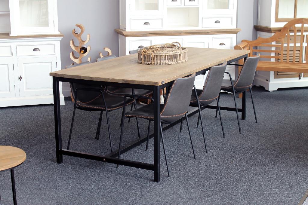 Eettafel | Oud Teak Industrieel 220cm, Ophalen, Teakhout, 50 tot 100 cm, Vijf personen of meer