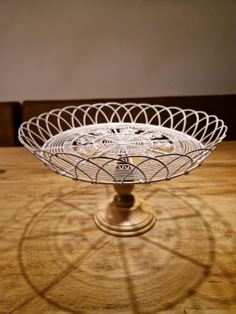 Brocante Taartstandaard met Houten Voet - 33x22cm, Gebruikt, Schaal, Rond, Ophalen of Verzenden