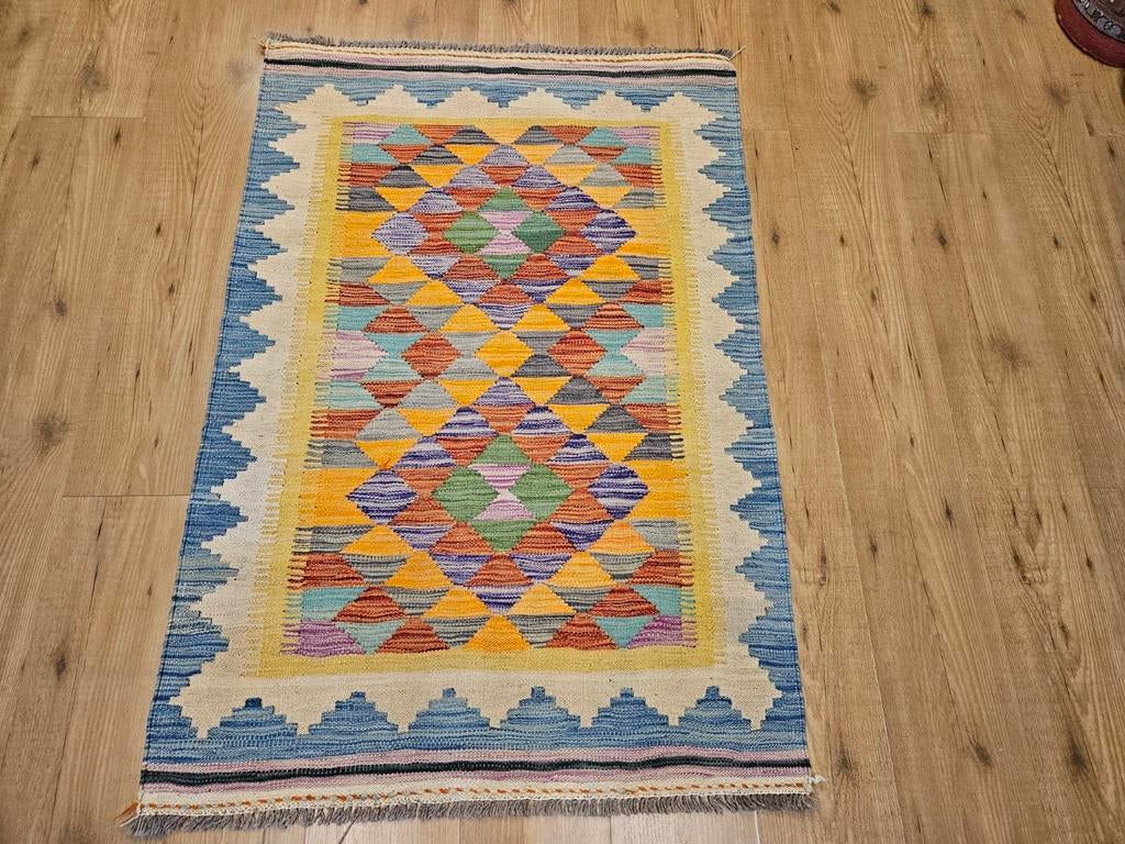 Handgeweven oosterse wollen kelim 129x87, Info@SlatsAntiek.nl, Crème, 100 tot 150 cm, Vof Slats Antiek