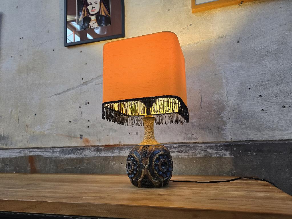 Jaren 70 Tafel Lamp Keramiek | Nieuwe Zijden Kap Oranje, Gebruikt, Vintage Retro Mid Century Design Space Age Art Deco, Overige materialen