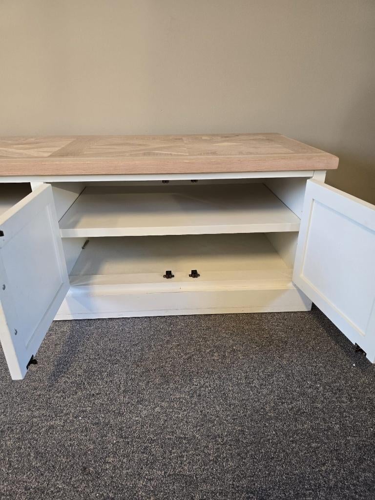 TV Meubel eiken-wit parket ingelegd 200x50, Ophalen, ., Eikenhout, 200 cm of meer