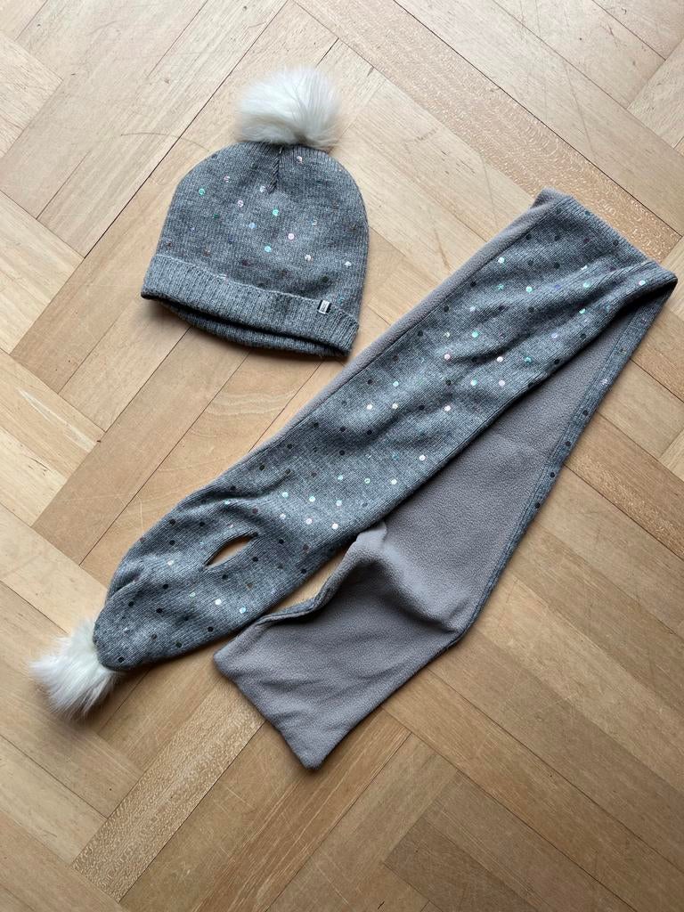 HEMA Muts en Sjaal Set Grijs Glitter Maat 134/140, 134 t/m 140, Ophalen of Verzenden, Zo goed als nieuw, Meisje