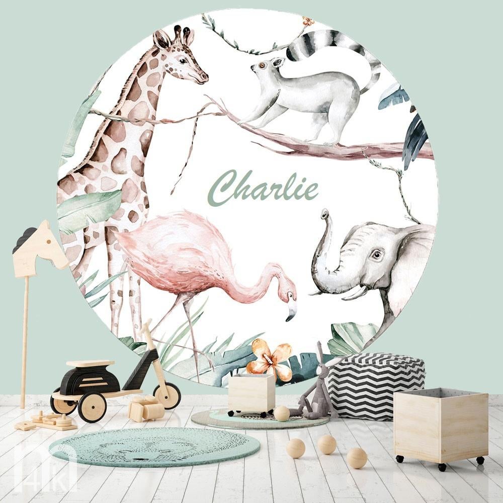 Aquarel Jungledieren Behangcirkel Ook met NAAM Muurdeco4kids, Verzenden, Minder dan 10 m², Kinderkamer, baby, muurcirkel, muursticker