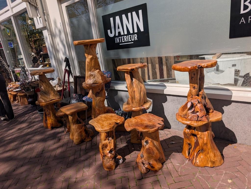 Prachtige teak houten tafeltjes en krukjes - De Schatkelder, Huis en Inrichting, Krukjes, Ophalen of Verzenden, X, X, X
