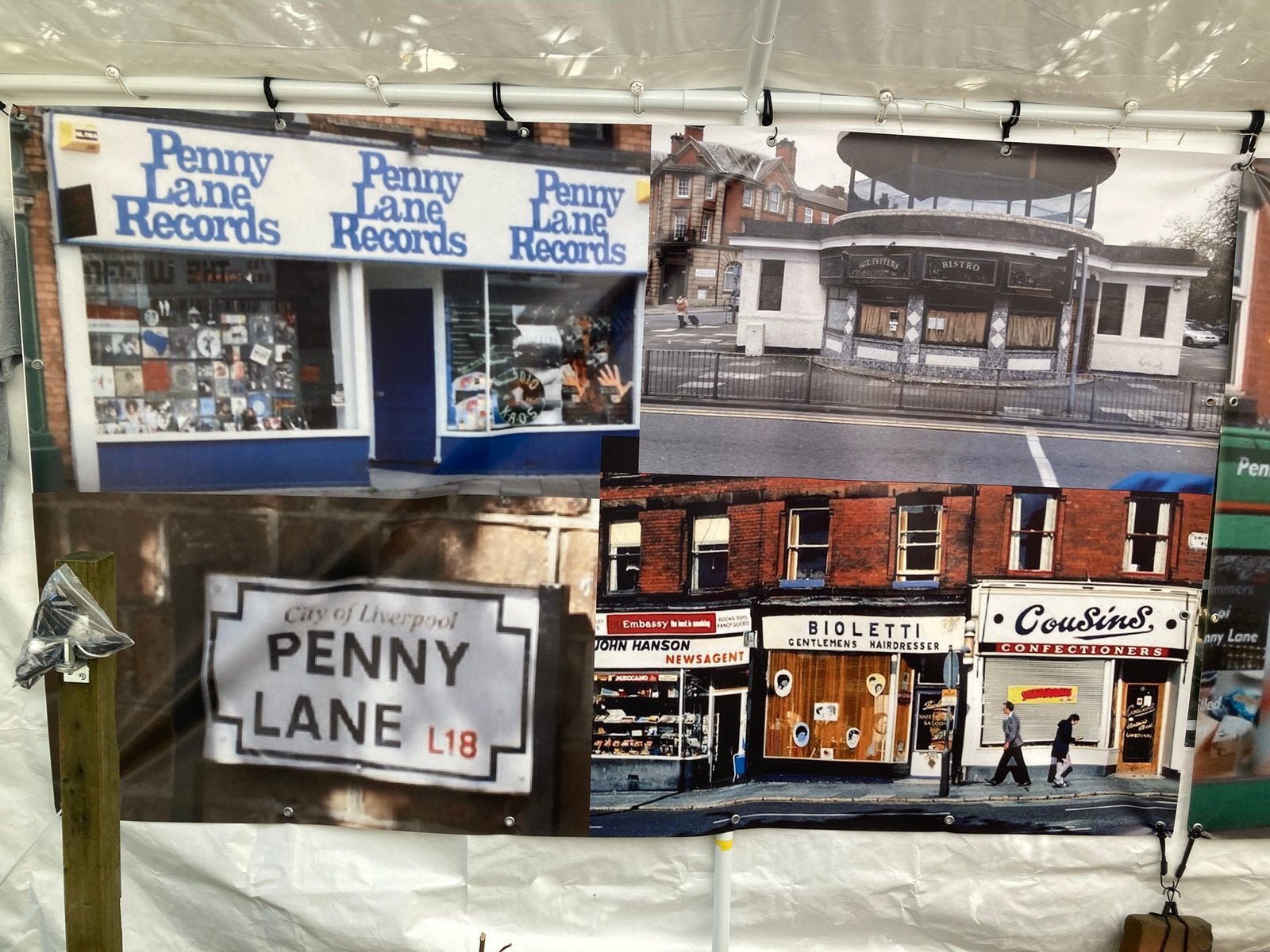 Decoratie spandoeken Beatles Penny Lane (2x), Ophalen, Zo goed als nieuw