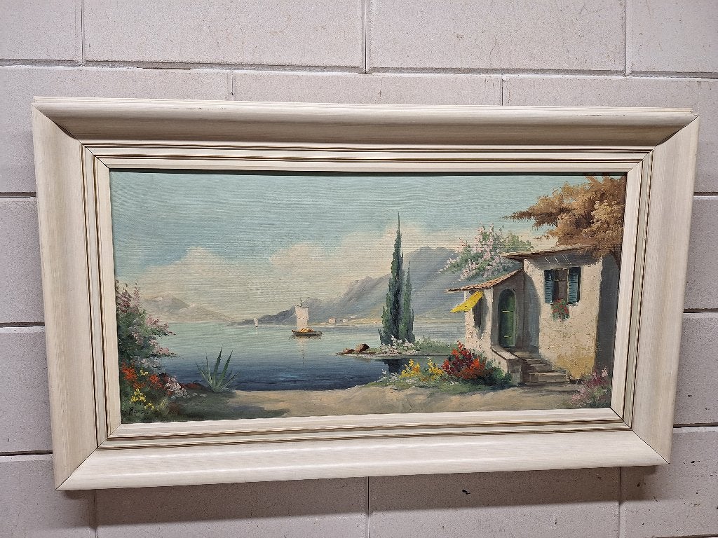 Schilderij Middellandse Zee Landschap met Huis en Boot, Antiek en Kunst, Doek, Realistisch, Ophalen of Verzenden, Landschap