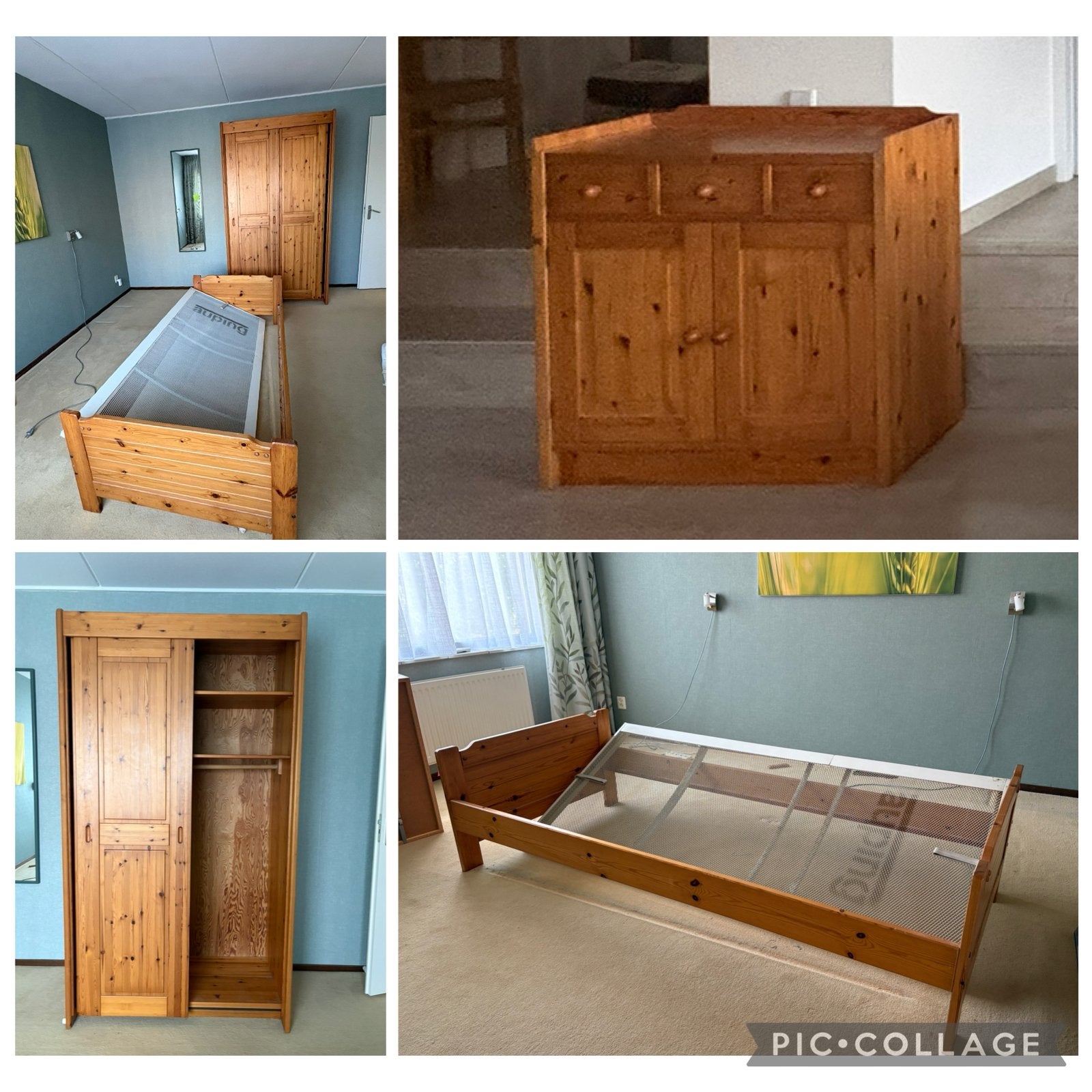Vintage bed, kledingkast en ladenkast massief hout, Ophalen, Gebruikt, Eenpersoons, Hout, vintage