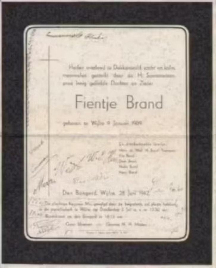 Rouwbrief Wijlre Fientje Brand 1909 Den Bongerd 1942., Ophalen of Verzenden, Rouwkaart