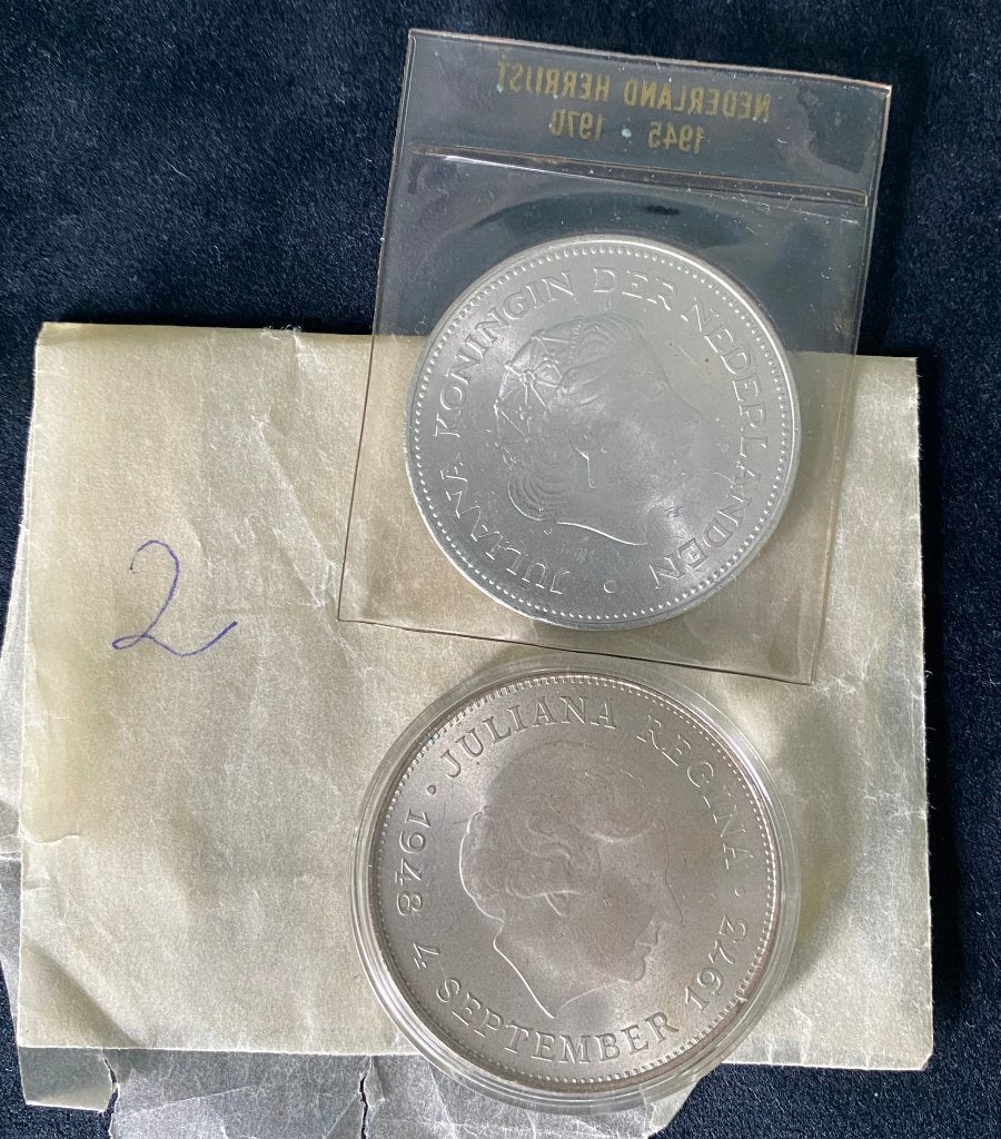 2x Zilveren Tientje Juliana Nederland Herrijst & Jubileummun, Koningin Juliana, Setje, Zilver, Ophalen of Verzenden