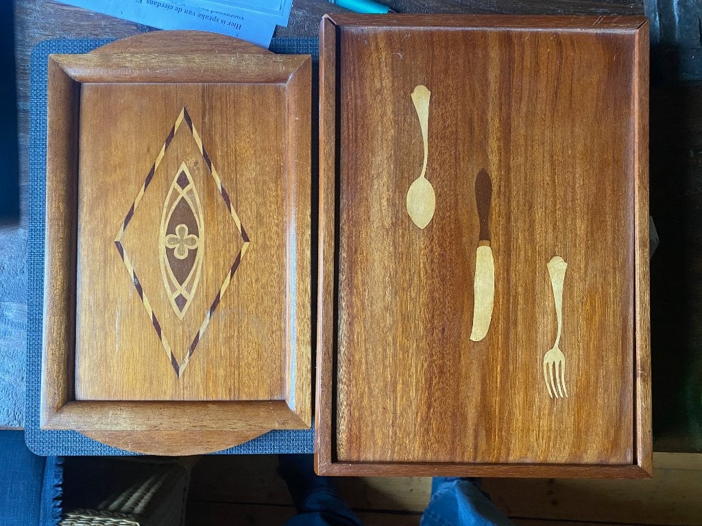 antiek bestekbakje met dienblad, ingelegd hout, Ophalen of Verzenden