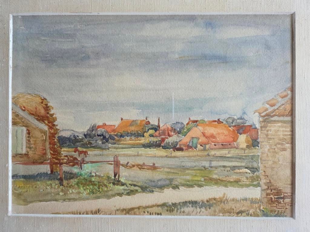 Aquarel. Dorp Kinnum op Terschelling., Ophalen of Verzenden