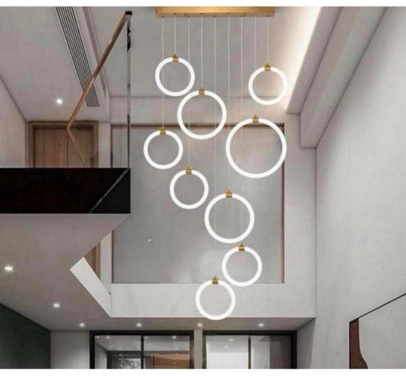 Luxe LED Moderne Trap Hanglamp Dimbaar 9-Ringen Kroonluchter, Glas, Nieuw, Ophalen of Verzenden, H