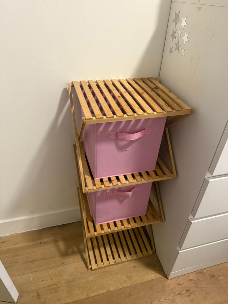 Bamboe opbergrek met roze opbergboxen, Ophalen of Verzenden, Gebruikt