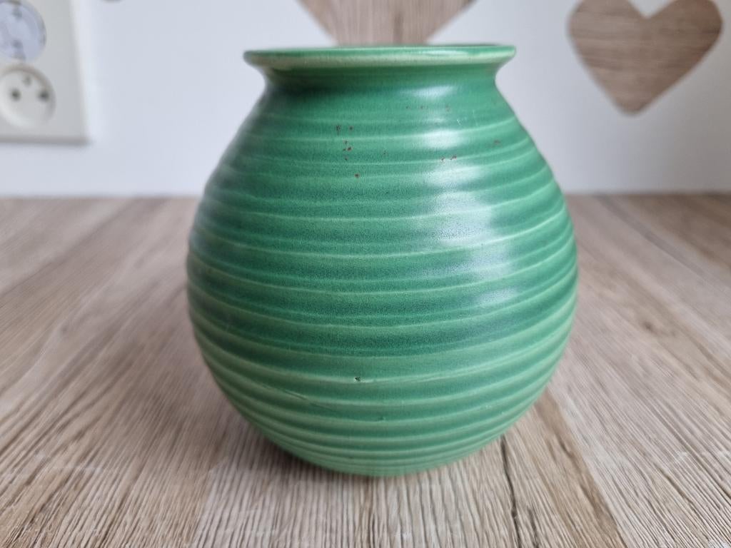 Mooie Vintage Tafel deco Vaas Groen Geribbeld ADCO 1014, Verzenden